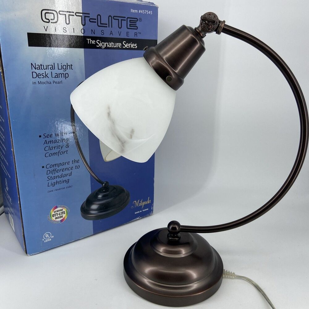 VTG Ott-Lite Bronze Desk Lamp White Alabaster Shade Natural Light Milynda 457545